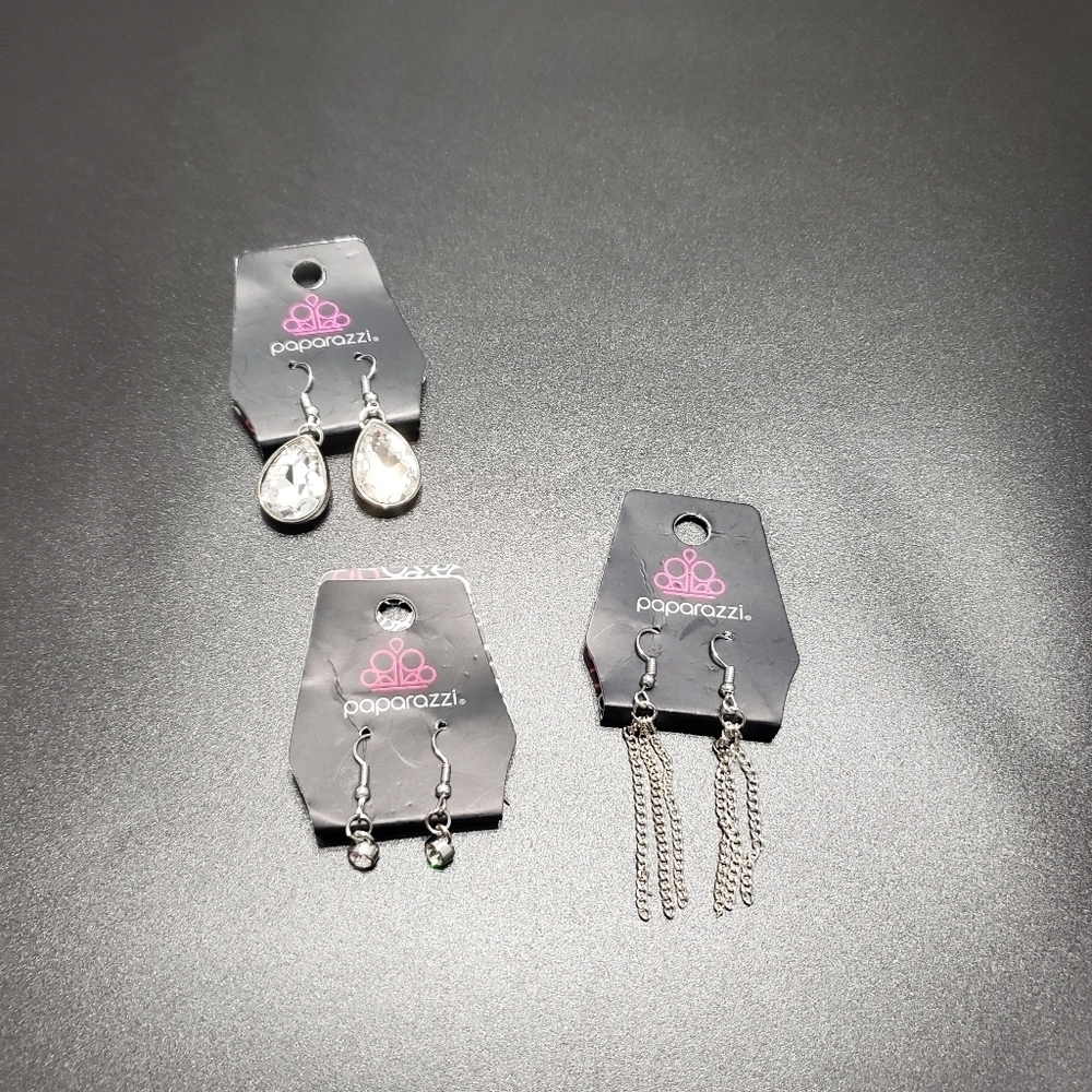 new opened packages paparazzi silver tone dangling earrings lot of 3